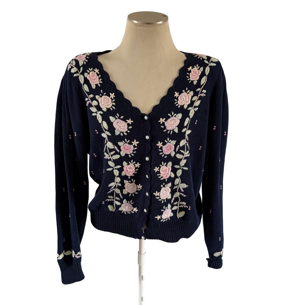 Vtg Y2K 2000s Floral Embroidered Cardigan Sweater Sz L Cottagecore Granny